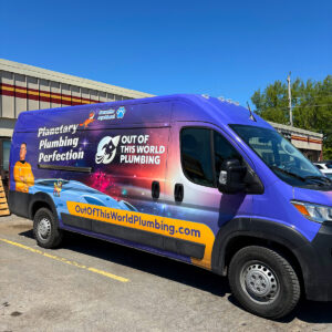 A bright blue and purple van displays "Out of This World Plumbing" branding with a space theme, featuring a cartoon astronaut and a man in a yellow suit. The van proclaims, "Planetary Plumbing Perfection," and lists the website outofthisworldplumbing.com.